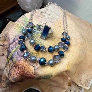 Elegant Blue and Silver Necklace and Ring Set